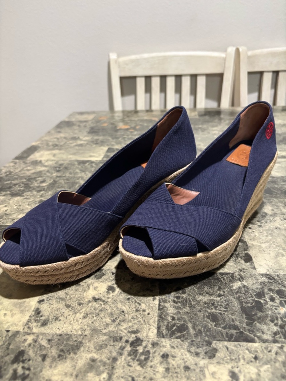 Tory Burch Navy Canvas Espadrille Wedge Peep-Toe - Picture 3 of 9